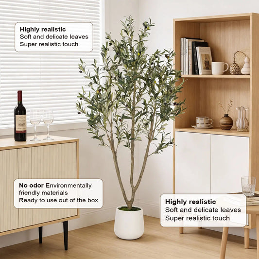 Artificial Olive Tree with White Planter and Natural Wood Trunk