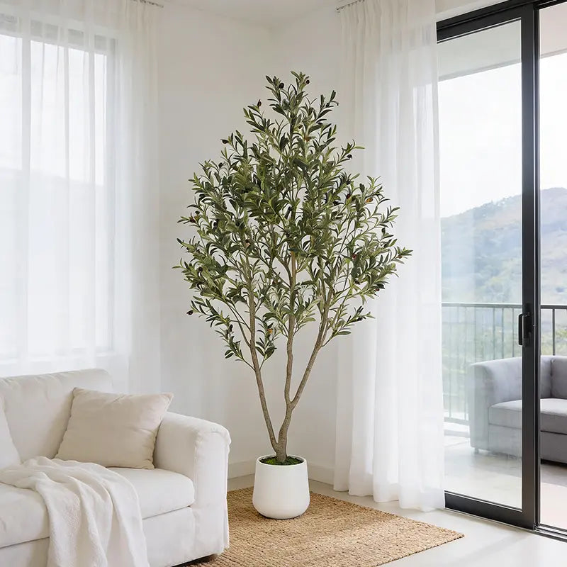 Artificial Olive Tree with White Planter and Natural Wood Trunk