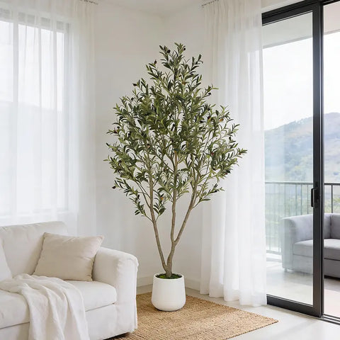 Artificial Olive Tree with White Planter and Natural Wood Trunk