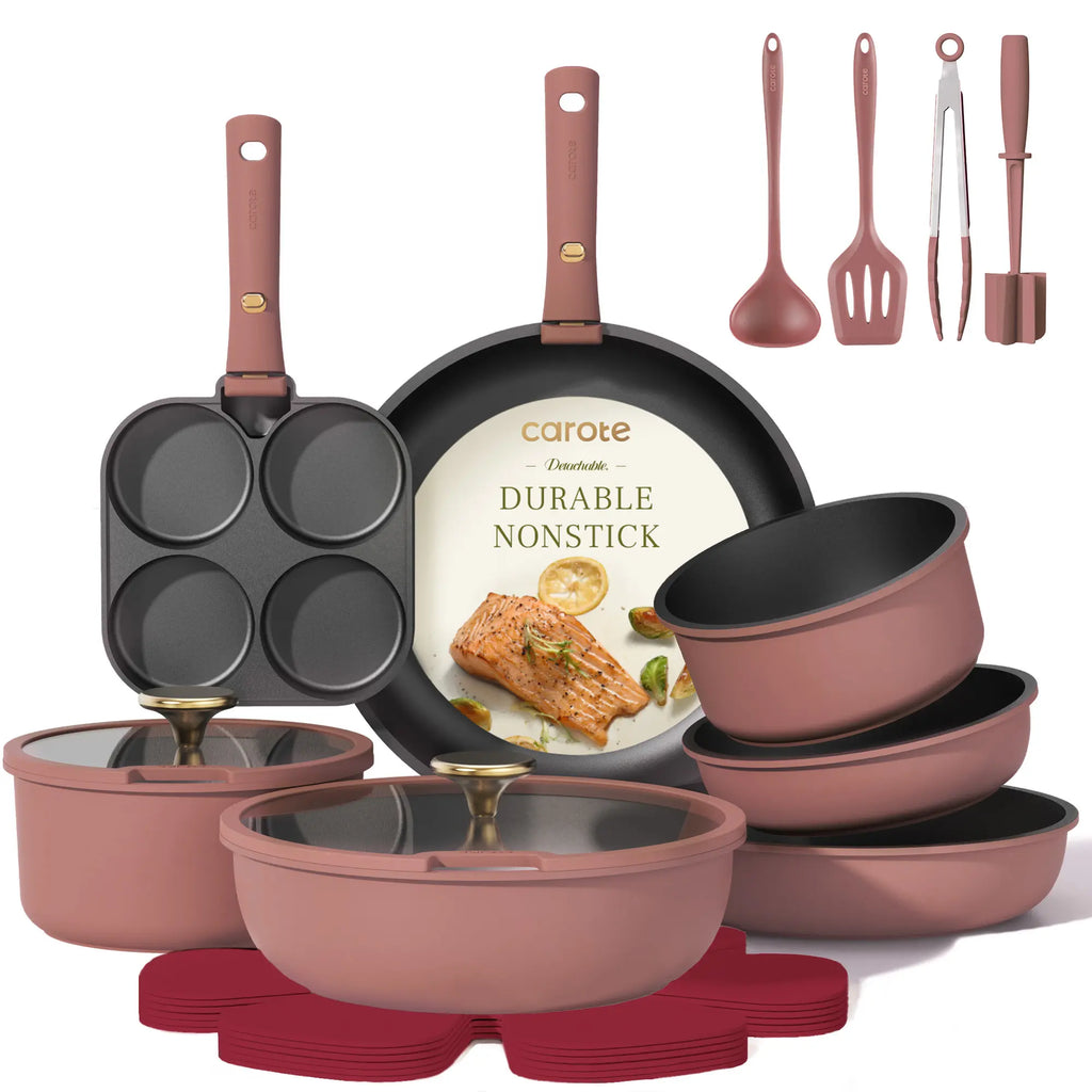 21-Piece Nonstick Cookware Set with Detachable Handles, Induction-Compatible, Dishwasher Safe, RV-Ready