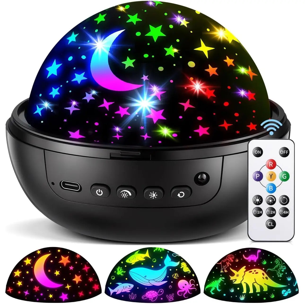 5-in-1 Kids Night Light Projector | 91 Lighting, 3 Films, Remote, Dimmable, 360° Rotation