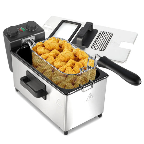 5.3 Qt Stainless Steel Electric Deep Fryer with Basket, 1700W, Time & Temperature Control, 3 Frying Baskets, Lid with View Window and Odor Free Filter