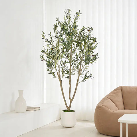 Artificial Olive Tree with White Planter and Natural Wood Trunk