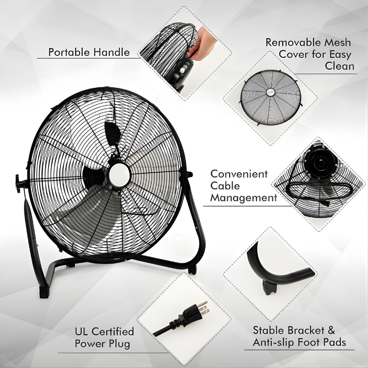 High-Velocity Floor Fan | 20-Inch Metal Design with 3 Speed Settings | Powerful Airflow for Indoor Cooling 5