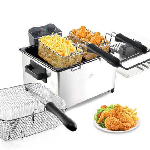 5.3 Qt Stainless Steel Electric Deep Fryer with Basket, 1700W, Time & Temperature Control, 3 Frying Baskets, Lid with View Window and Odor Free Filter