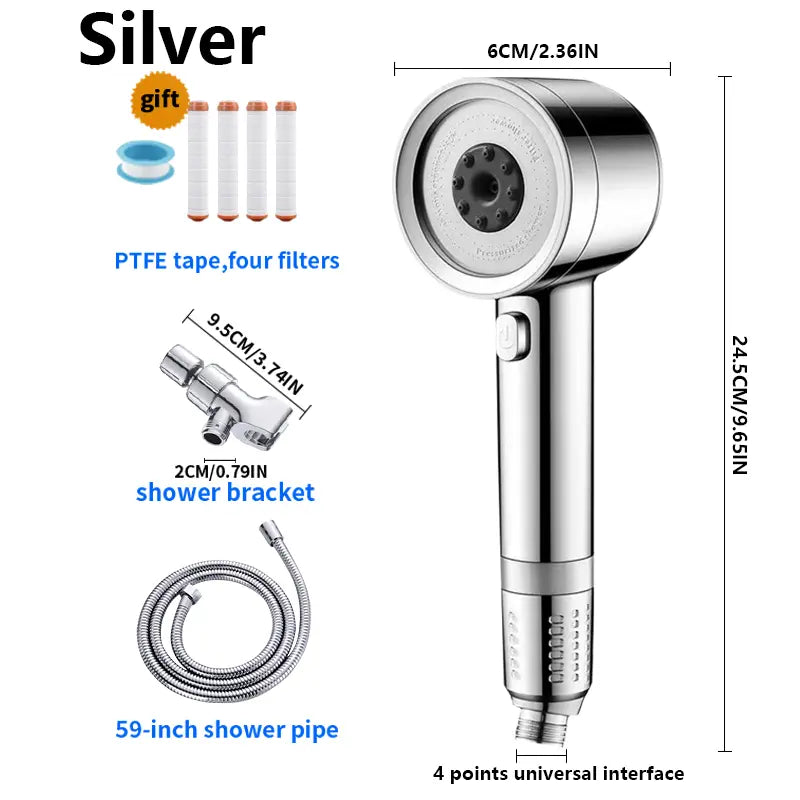 Filtered Handheld Shower Head | High Pressure 4-Mode Spray | Silver