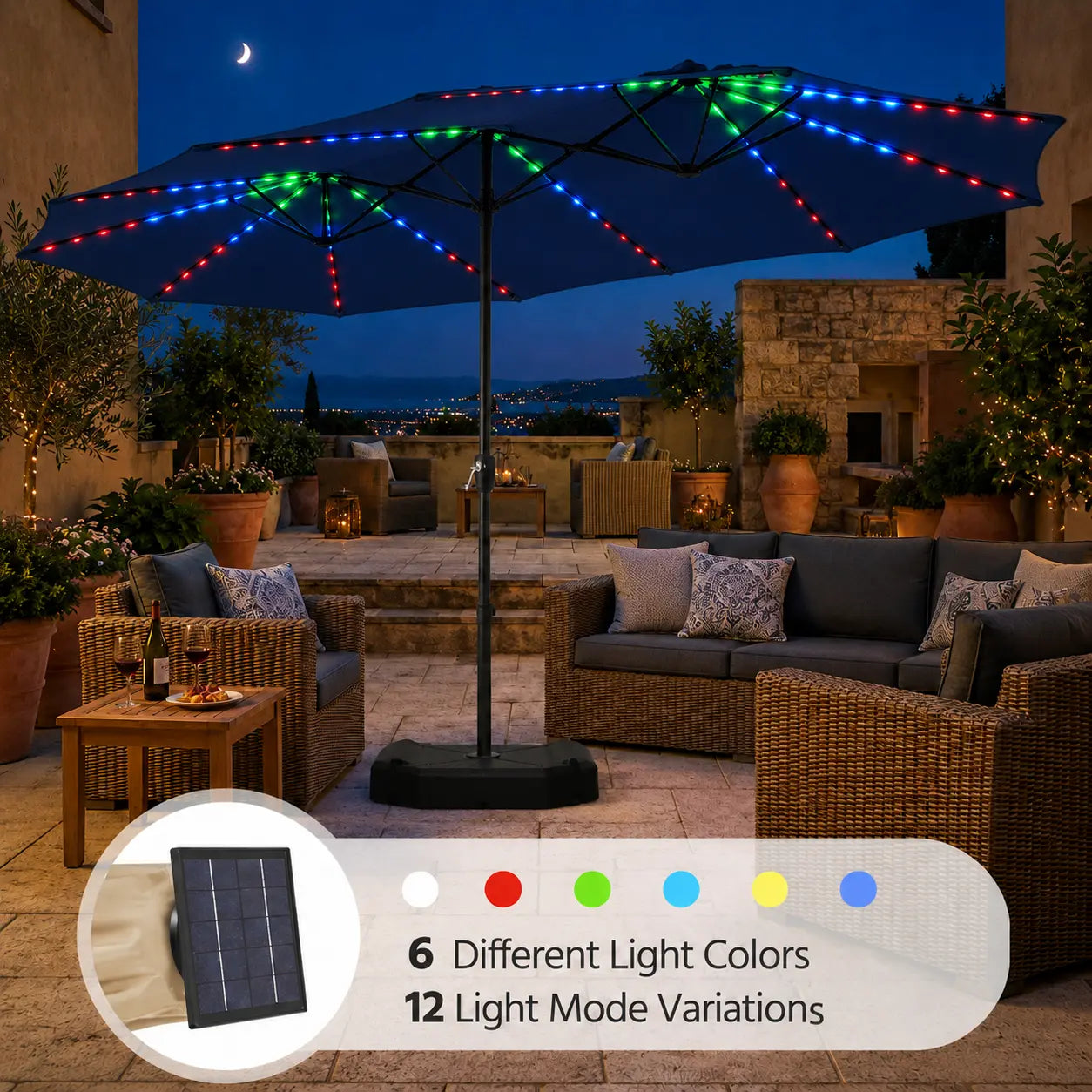 Massive 12-Mode Color-Changing Solar Patio Umbrella with Base Stand