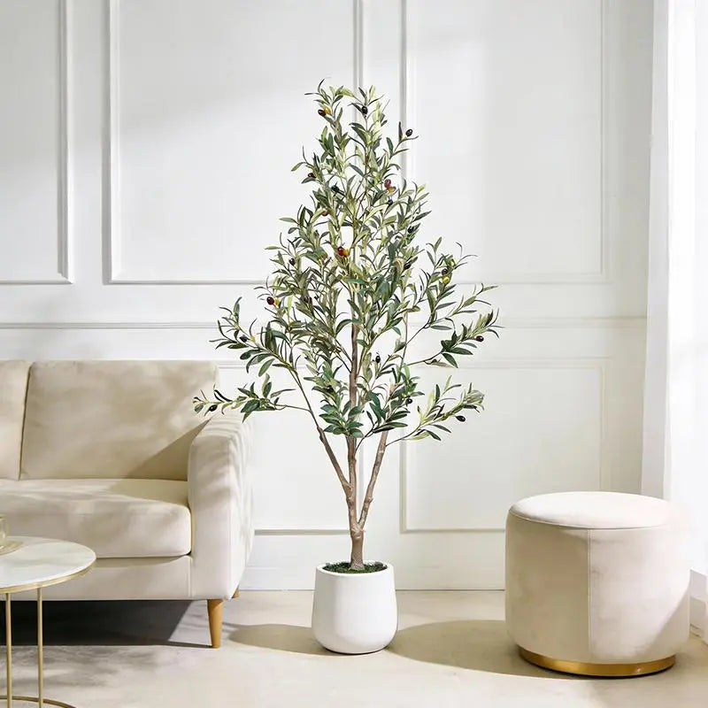 Artificial Olive Tree with White Planter and Natural Wood Trunk