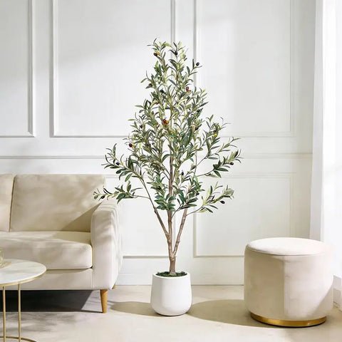 Artificial Olive Tree with White Planter and Natural Wood Trunk