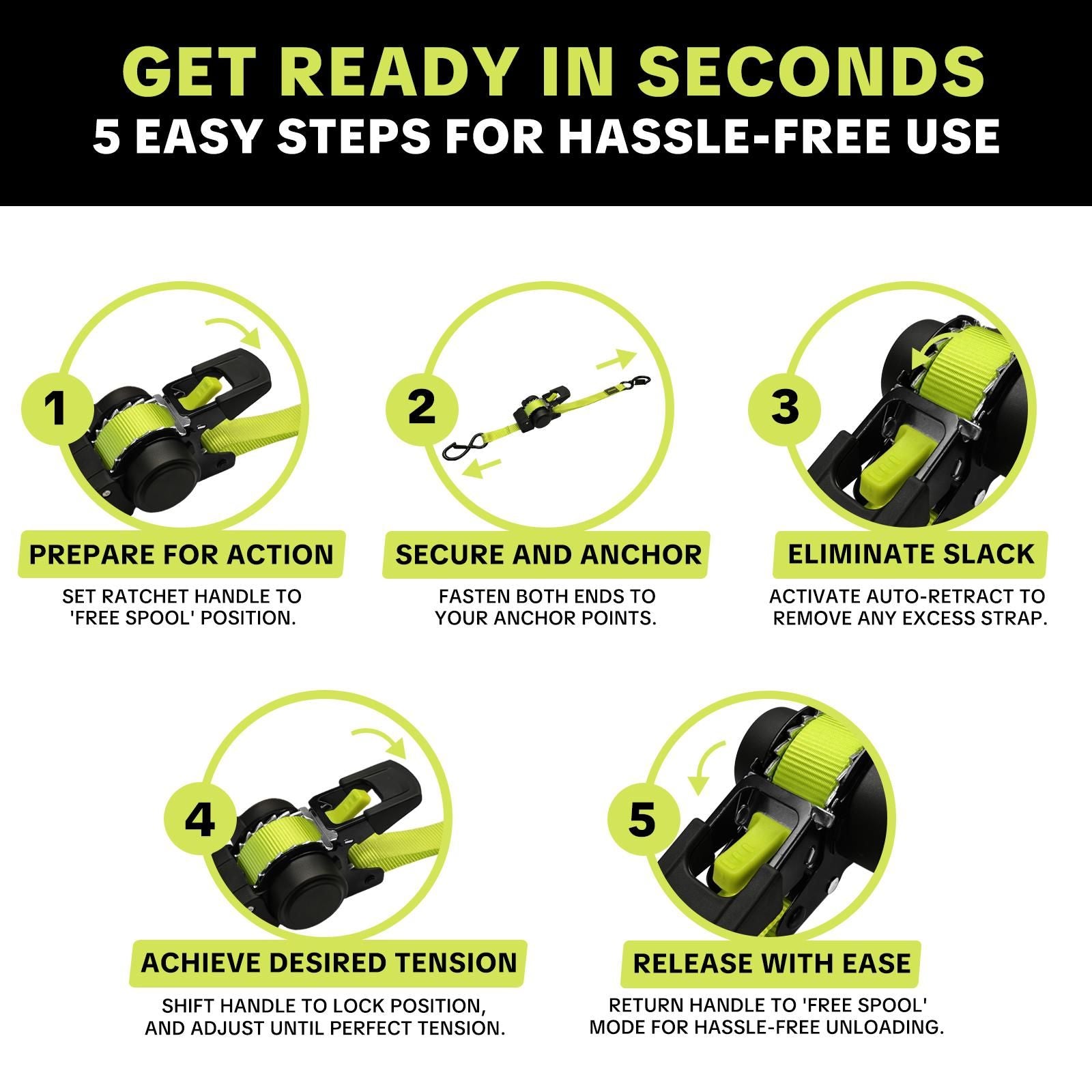1 in x 11 ft Ratchet Tie-Down Straps | 1500 lb Break Strength Cargo Straps for Appliances, Lawn Equipment, Motorcycle | Green