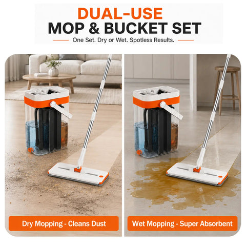 3-Tank Hands-Free Flat Mop and Bucket Set with Clean-Dirty Water Separation