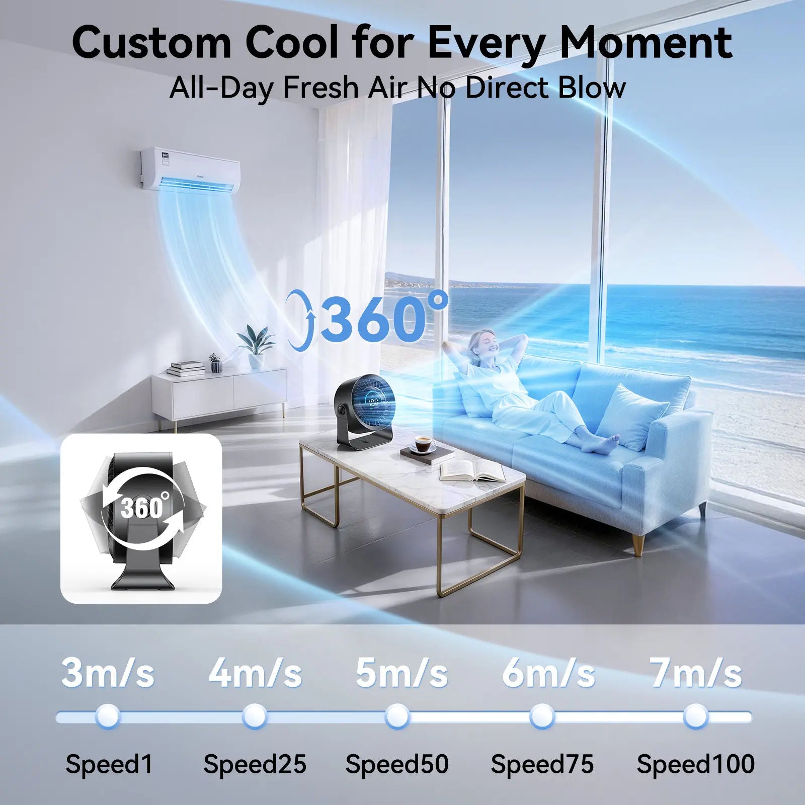 Rechargeable USB Desk Fan with 100 Speeds, 360° Rotation, Wall Mount, LED Display