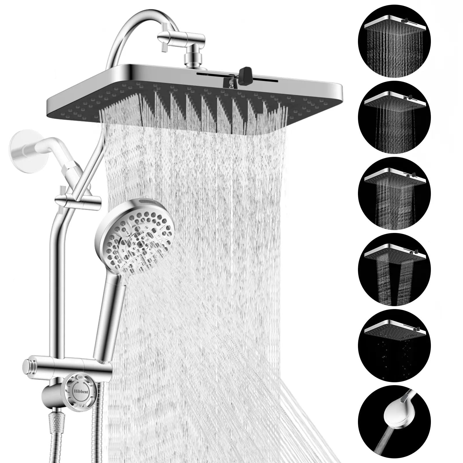 13-Inch 5-Jet Fixed Shower Head Combo | 10-Mode Handheld, 12-Inch Extension Arm, 4-Way Diverter, 71-Inch Hose