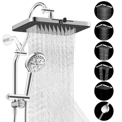 13-Inch 5-Jet Fixed Shower Head Combo | 10-Mode Handheld, 12-Inch Extension Arm, 4-Way Diverter, 71-Inch Hose