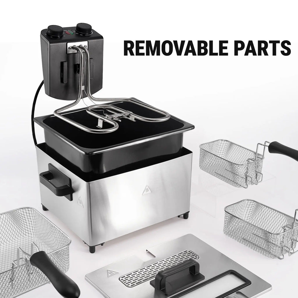 5.3 Qt Stainless Steel Electric Deep Fryer with Basket, 1700W, Time & Temperature Control, 3 Frying Baskets, Lid with View Window and Odor Free Filter