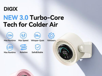Rechargeable USB Desk Fan with 100 Speeds, 360° Rotation, Wall Mount, LED Display