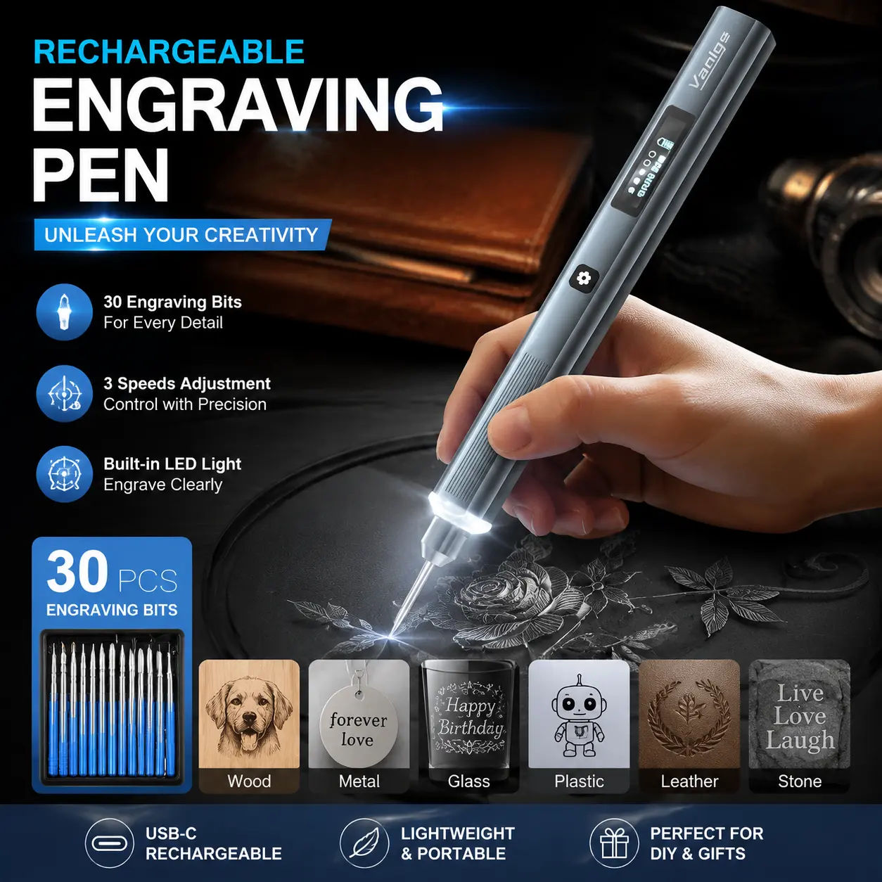 5-Speed Cordless Rechargeable Engraving Pen | 30-Bit Etching Tool Kit