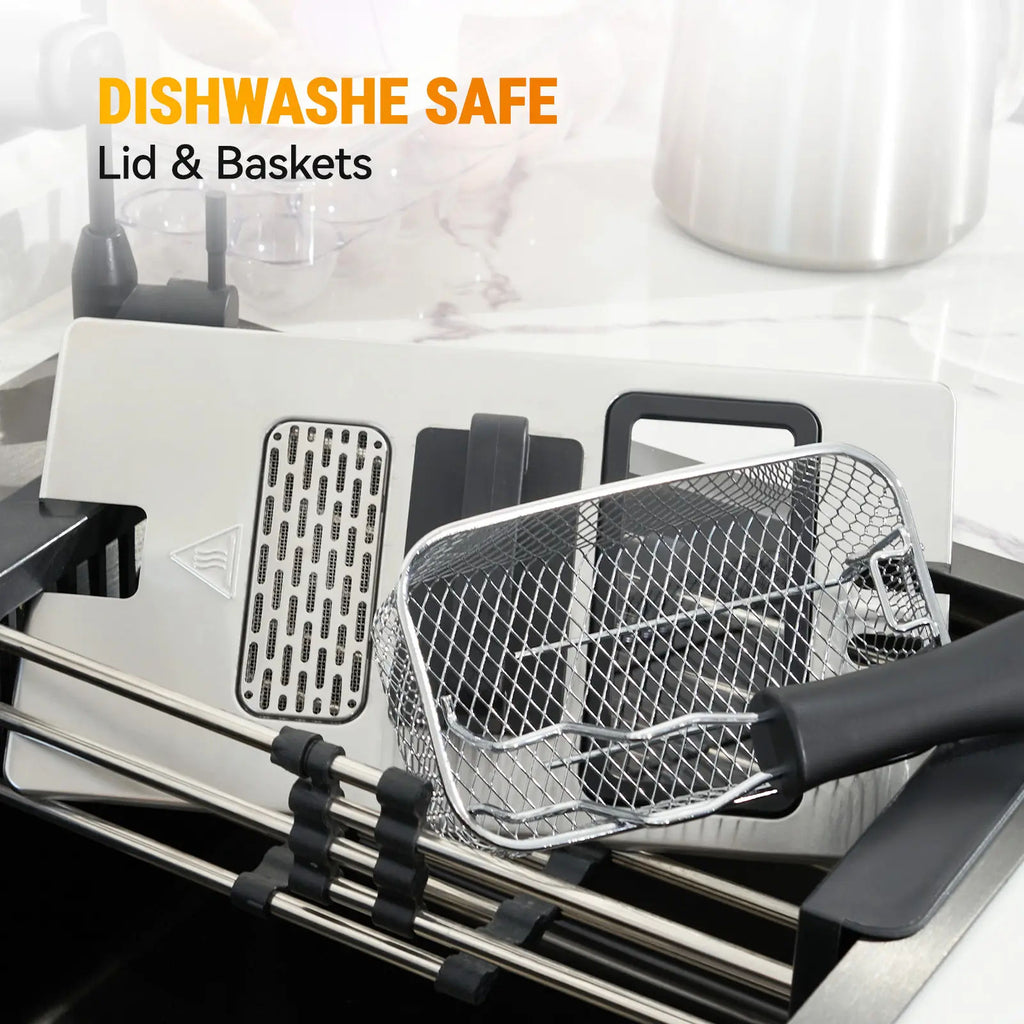 5.3 Qt Stainless Steel Electric Deep Fryer with Basket, 1700W, Time & Temperature Control, 3 Frying Baskets, Lid with View Window and Odor Free Filter