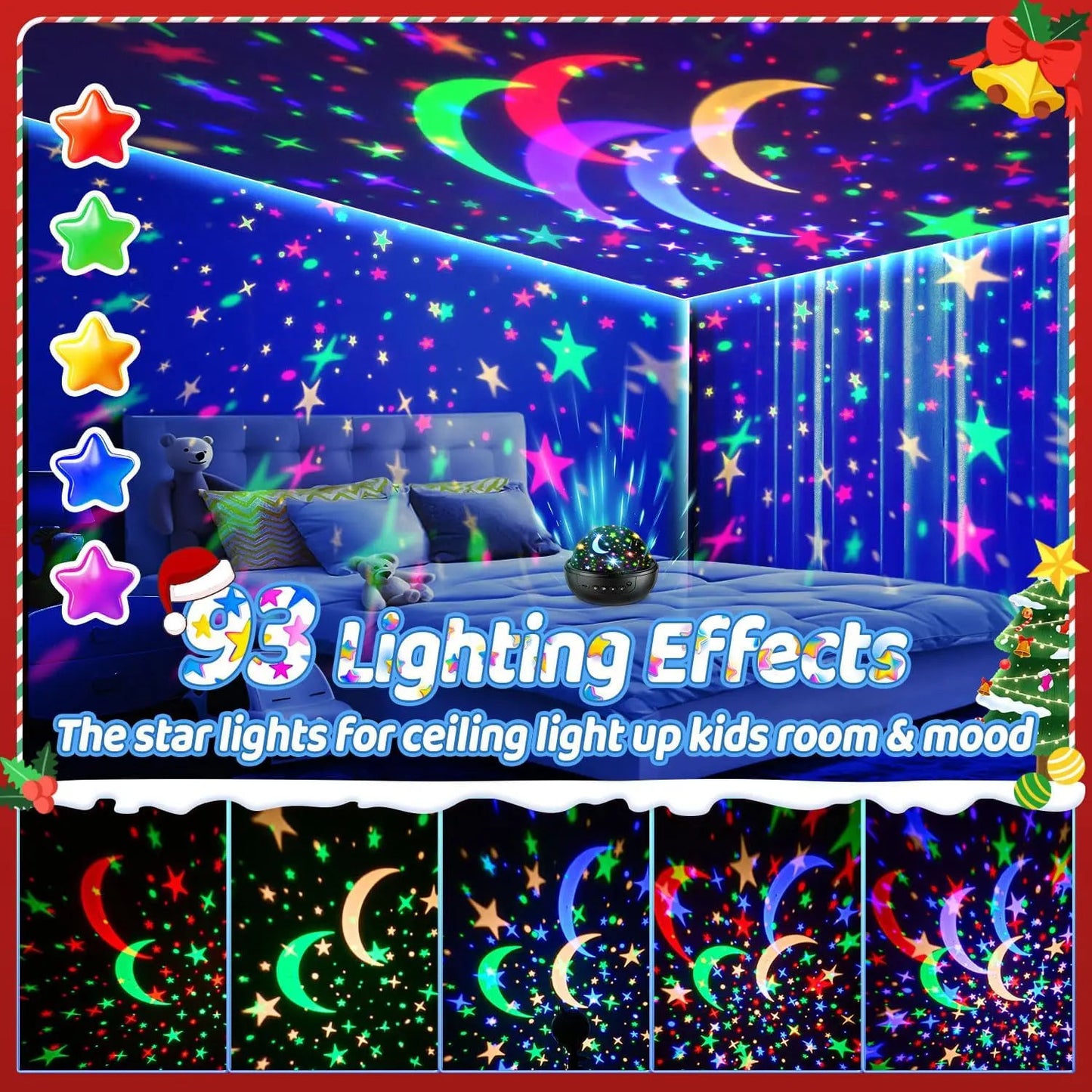 5-in-1 Kids Night Light Projector | 91 Lighting, 3 Films, Remote, Dimmable, 360° Rotation