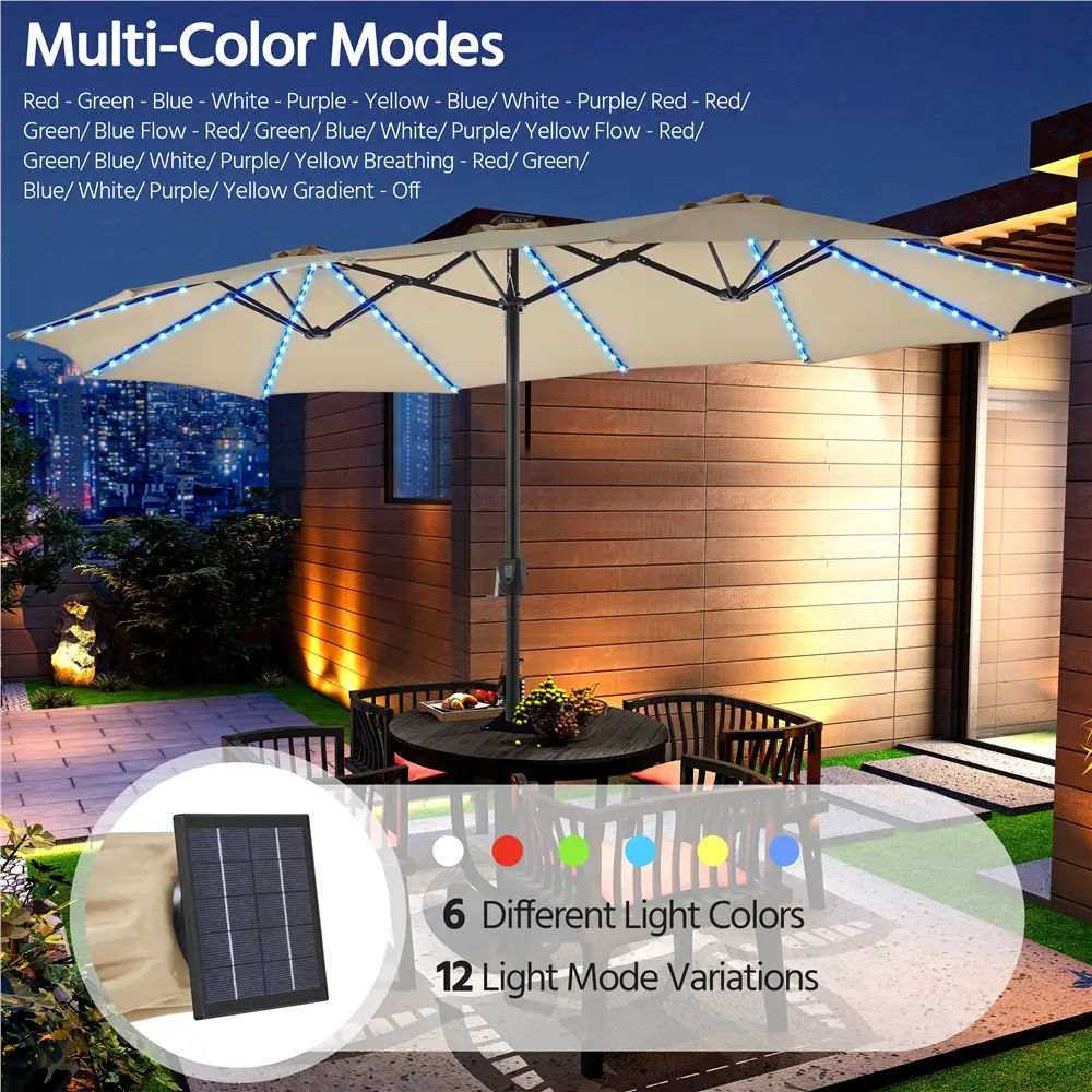 Massive 12-Mode Color-Changing Solar Patio Umbrella with Base Stand