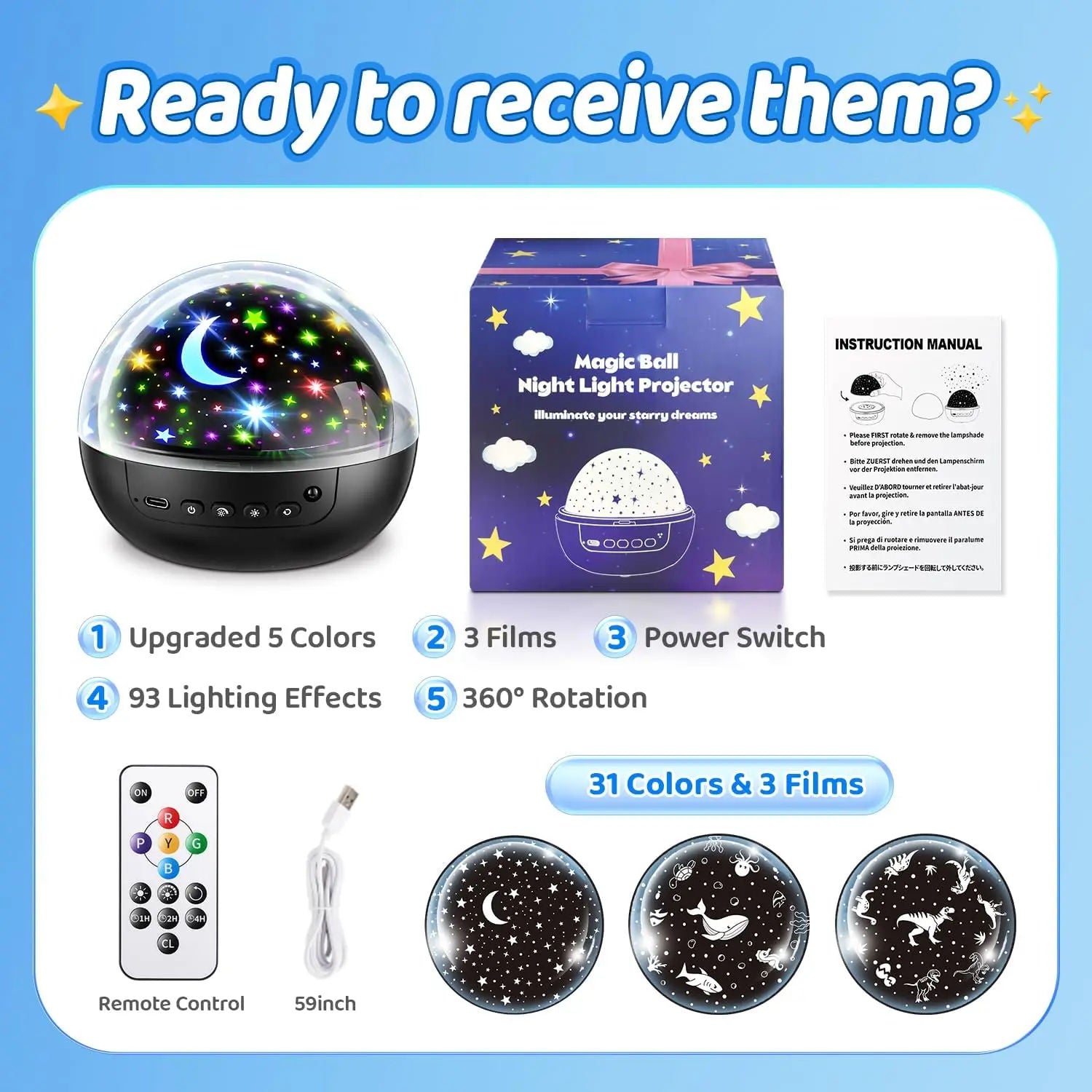 5-in-1 Kids Night Light Projector | 91 Lighting, 3 Films, Remote, Dimmable, 360° Rotation