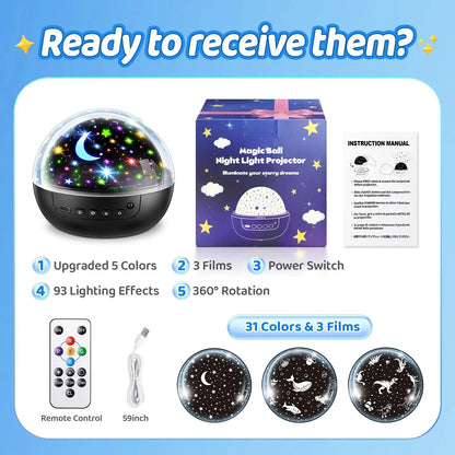 5-in-1 Kids Night Light Projector | 91 Lighting, 3 Films, Remote, Dimmable, 360° Rotation
