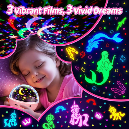 5-in-1 Kids Night Light Projector | 91 Lighting, 3 Films, Remote, Dimmable, 360° Rotation