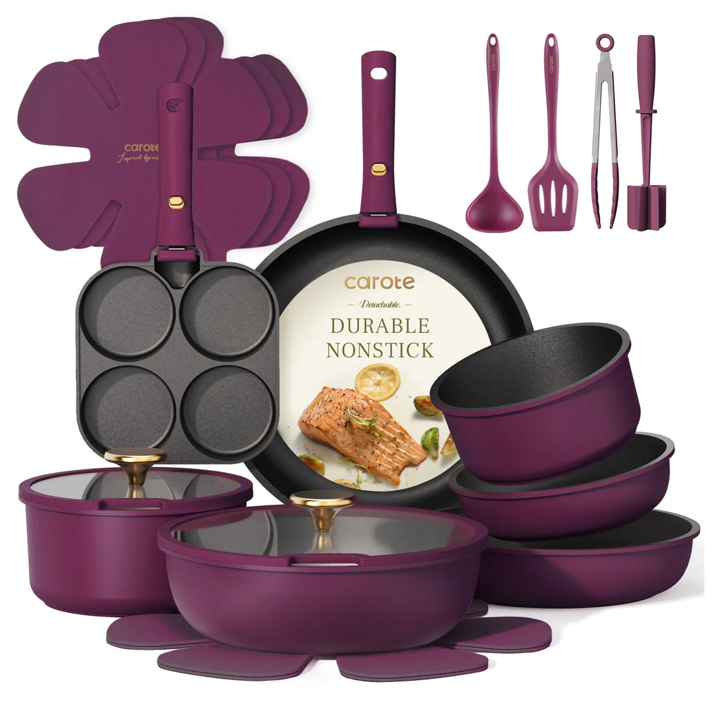 21-Piece Nonstick Cookware Set with Detachable Handles, Induction-Compatible, Dishwasher Safe, RV-Ready