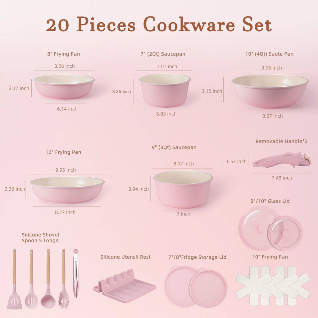 20-Piece Non-Stick Pots and Pans Set with Detachable Handle, Oven Safe, Stackable