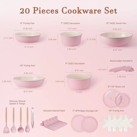 20-Piece Non-Stick Pots and Pans Set with Detachable Handle, Oven Safe, Stackable