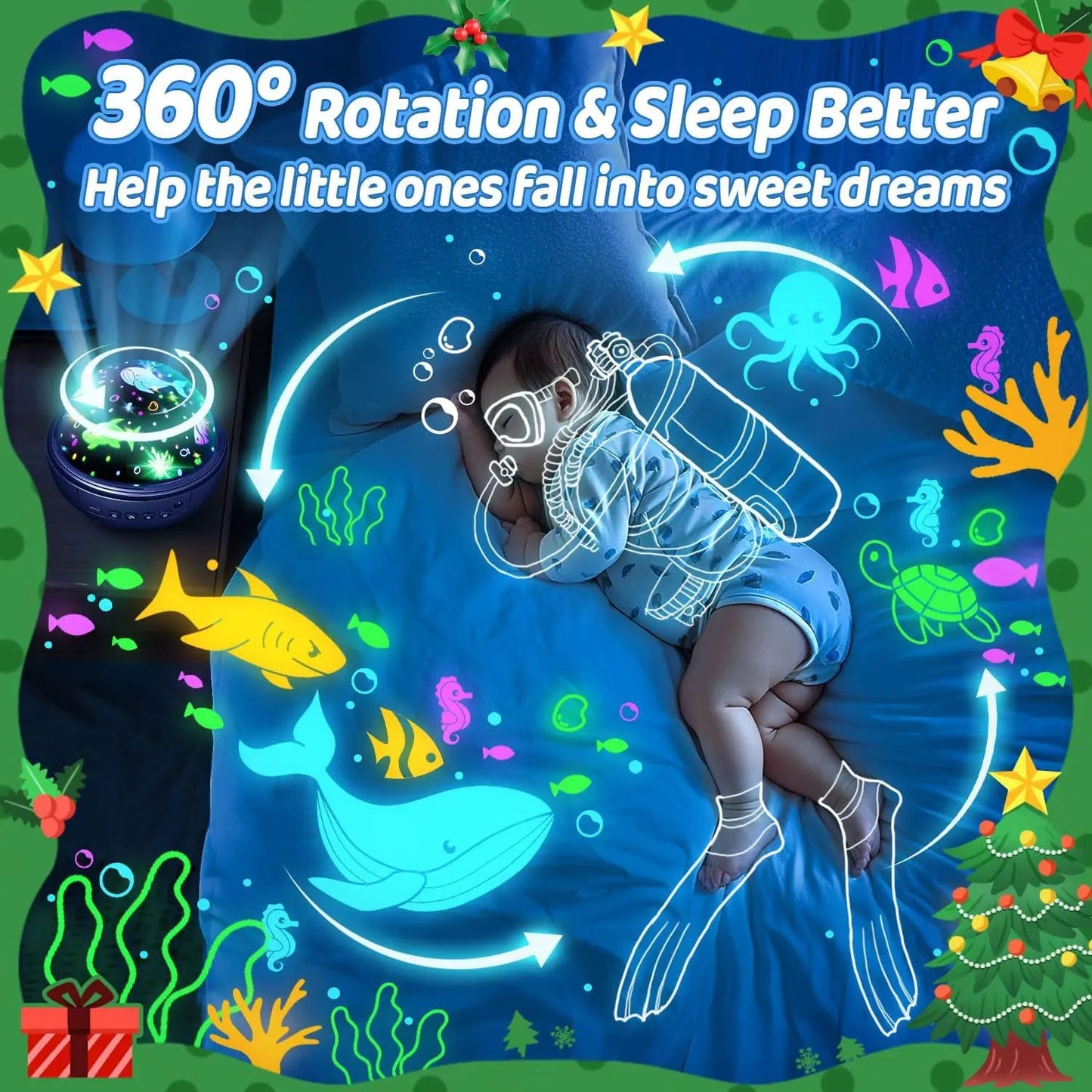 5-in-1 Kids Night Light Projector | 91 Lighting, 3 Films, Remote, Dimmable, 360° Rotation