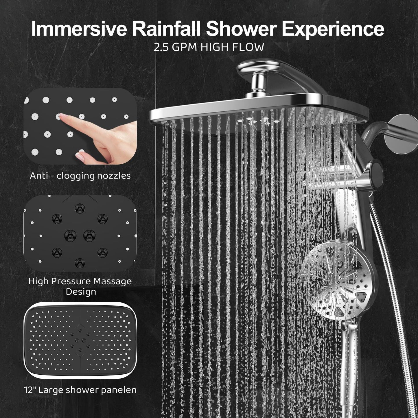 Dock-Free Dual Rain Shower Head Combo - 12" High-Pressure Rainfall Shower