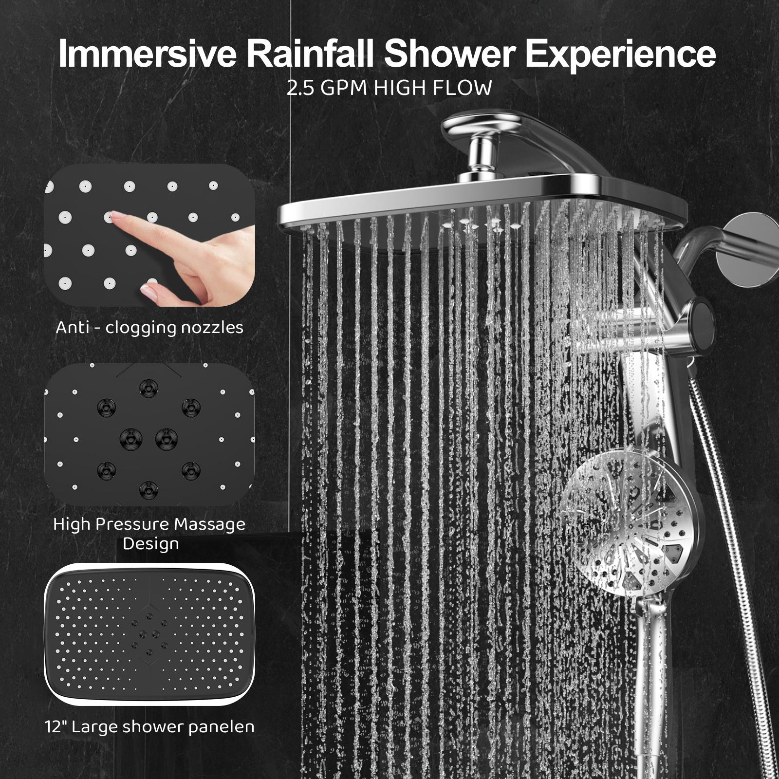 Dock-Free Dual Rain Shower Head Combo - 12" High-Pressure Rainfall Shower
