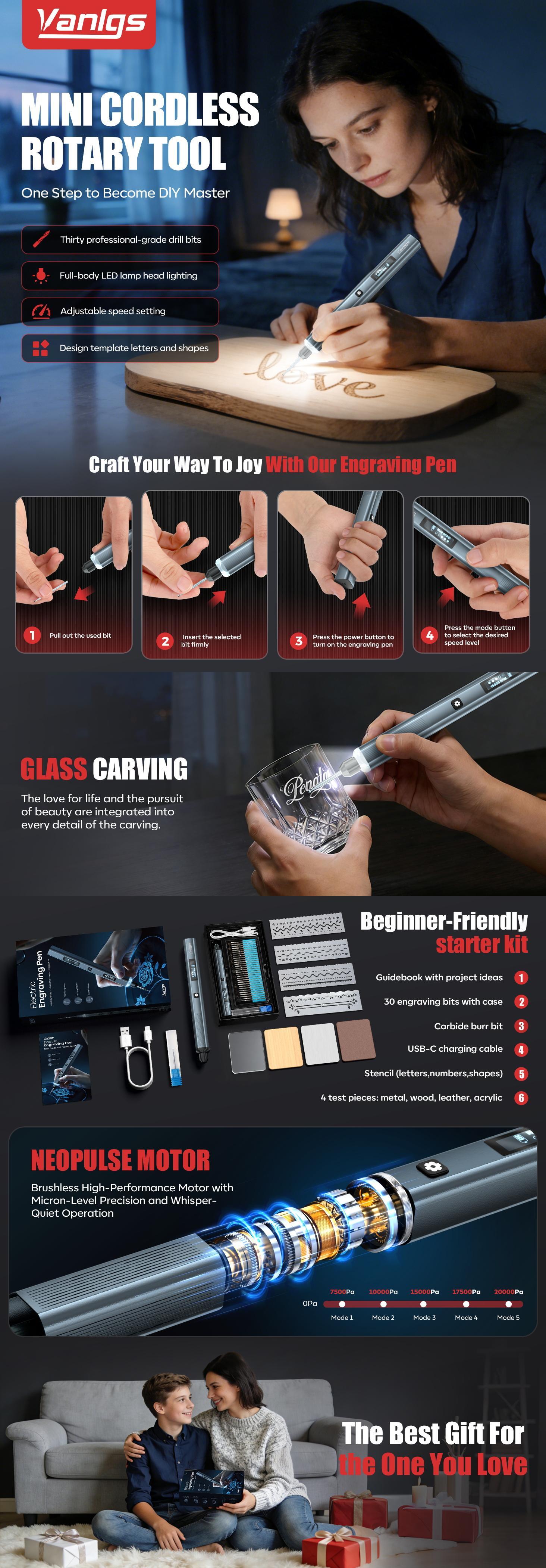 5-Speed Cordless Rechargeable Engraving Pen | 30-Bit Etching Tool Kit