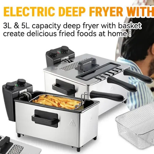 5.3 Qt Stainless Steel Electric Deep Fryer with Basket, 1700W, Time & Temperature Control, 3 Frying Baskets, Lid with View Window and Odor Free Filter