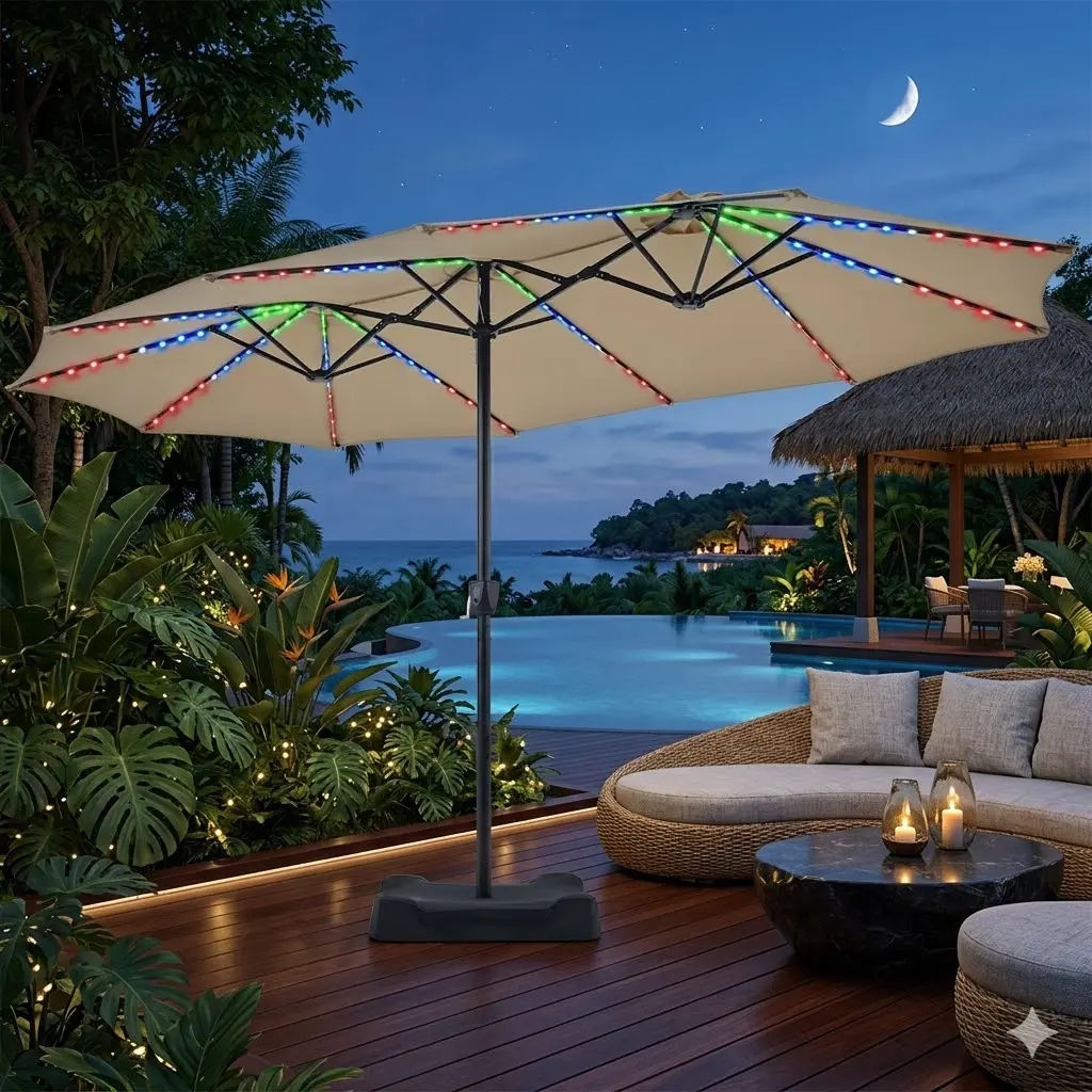 Massive 12-Mode Color-Changing Solar Patio Umbrella with Base Stand