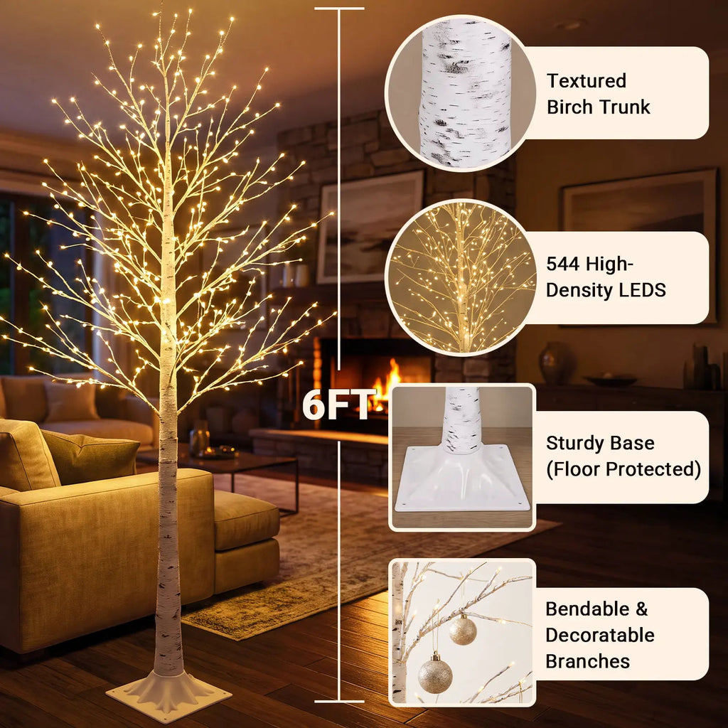 6 ft Lighted Birch Tree with 544 Warm White LED Lights | Indoor Decorative Twig Tree for Home, Christmas Holiday Decor