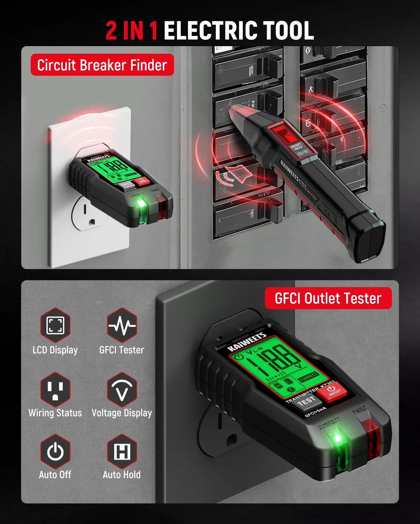 AC Circuit Breaker Finder Tool with Alert LCD Display | 2-Piece Set Electric Tester and Voltage Tester with Transmitter and Receiver, NCV Function & Flashlight, Non-Contact Cable Tester and Integrated GFCI Outlet Tester, Tool Kit