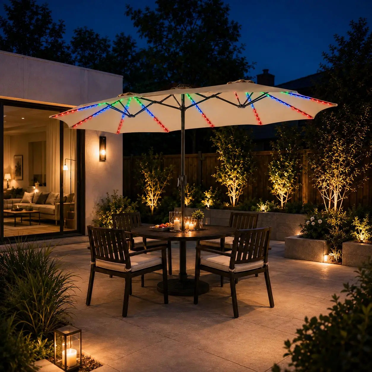Massive 12-Mode Color-Changing Solar Patio Umbrella with Base Stand