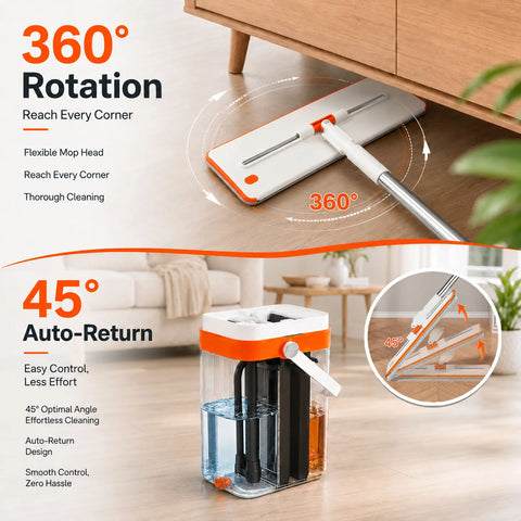 3-Tank Hands-Free Flat Mop and Bucket Set with Clean-Dirty Water Separation