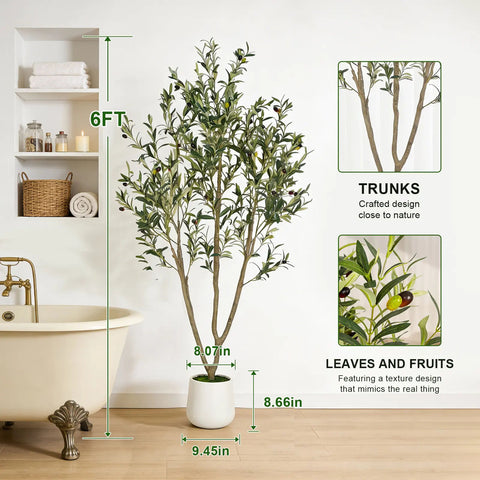 Artificial Olive Tree with White Planter and Natural Wood Trunk