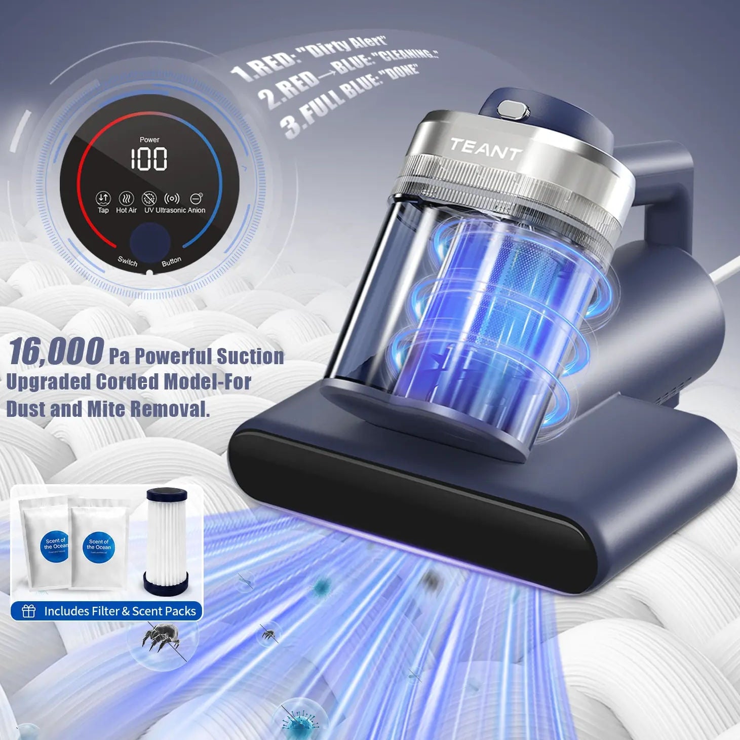 Mattress Vacuum Cleaner | 16kPa Suction UV-C Dust Mite Eliminator with Hot Air Sterilization, HEPA Filter, LED Display | MV-BLUE