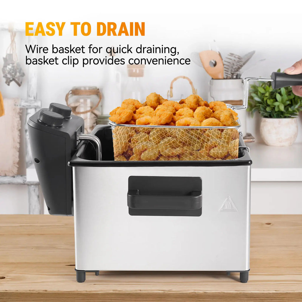 5.3 Qt Stainless Steel Electric Deep Fryer with Basket, 1700W, Time & Temperature Control, 3 Frying Baskets, Lid with View Window and Odor Free Filter