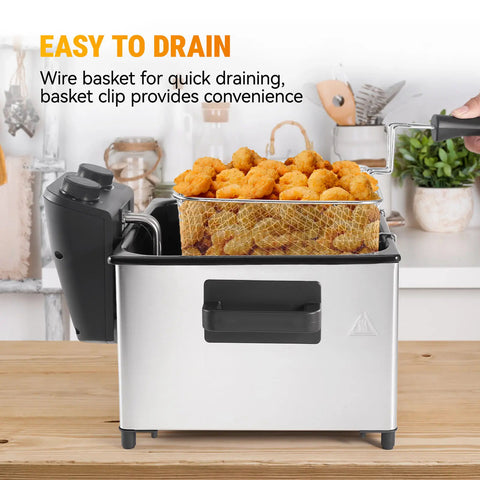 5.3 Qt Stainless Steel Electric Deep Fryer with Basket, 1700W, Time & Temperature Control, 3 Frying Baskets, Lid with View Window and Odor Free Filter