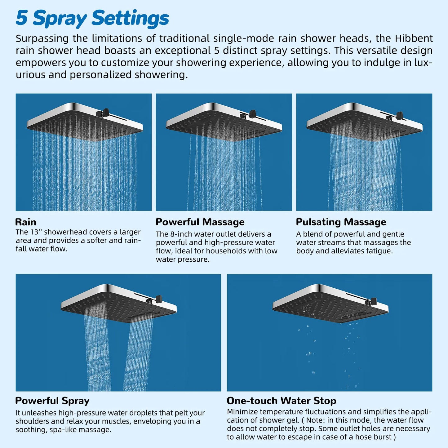 13-Inch 5-Jet Fixed Shower Head Combo | 10-Mode Handheld, 12-Inch Extension Arm, 4-Way Diverter, 71-Inch Hose