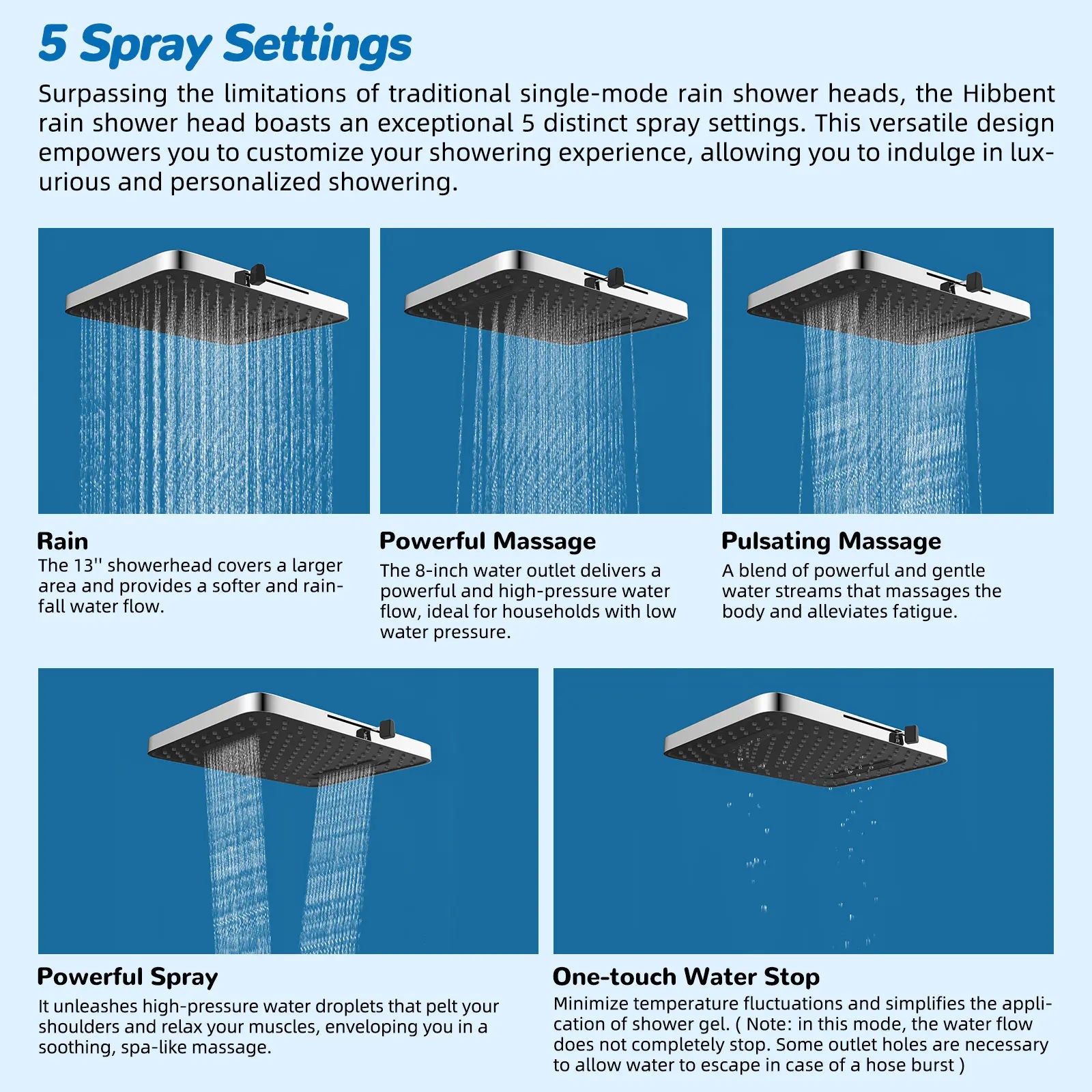 13-Inch 5-Jet Fixed Shower Head Combo | 10-Mode Handheld, 12-Inch Extension Arm, 4-Way Diverter, 71-Inch Hose