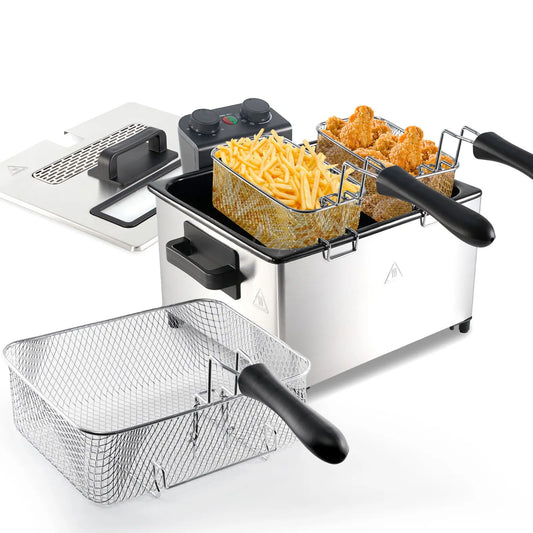 5.3 Qt Stainless Steel Electric Deep Fryer with Basket, 1700W, Time & Temperature Control, 3 Frying Baskets, Lid with View Window and Odor Free Filter