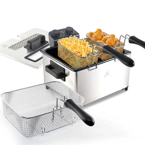 5.3 Qt Stainless Steel Electric Deep Fryer with Basket, 1700W, Time & Temperature Control, 3 Frying Baskets, Lid with View Window and Odor Free Filter