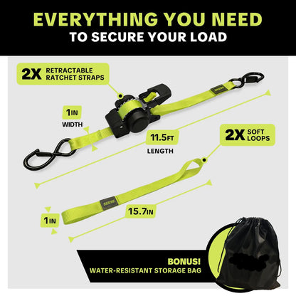 1 in x 11 ft Ratchet Tie-Down Straps | 1500 lb Break Strength Cargo Straps for Appliances, Lawn Equipment, Motorcycle | Green