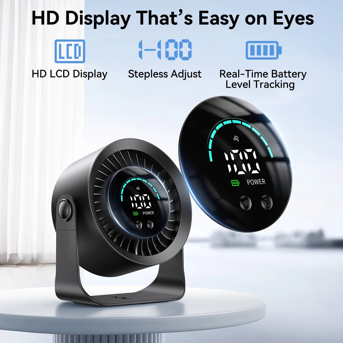 Rechargeable USB Desk Fan with 100 Speeds, 360° Rotation, Wall Mount, LED Display